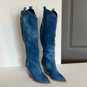 Denim high heeled boot NWOT